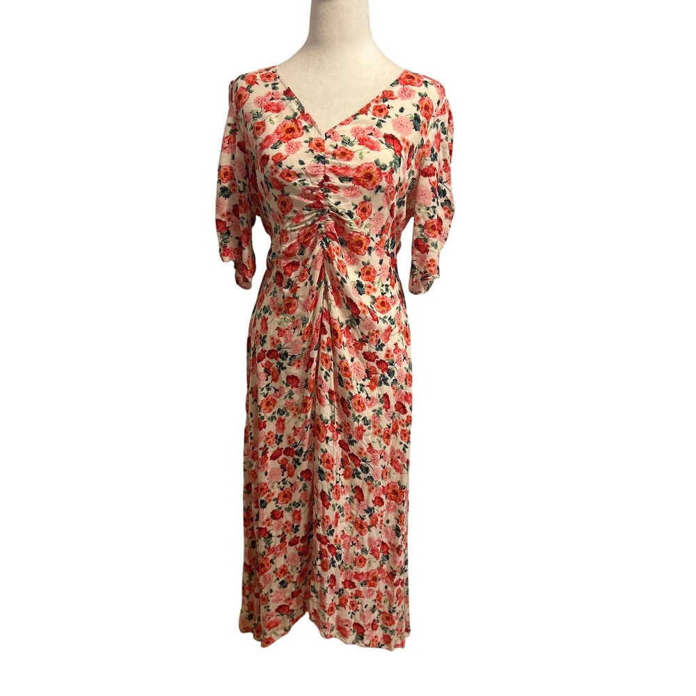 Old Navy‎ Large floral fairy whimsy garden Y2K babydoll ruched midi vneck spring